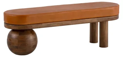 Sitzbank aus Ziegenleder und Mango-Massivholz mit ovalem Sitzflächenpolster in Braun, Gesamtansicht.