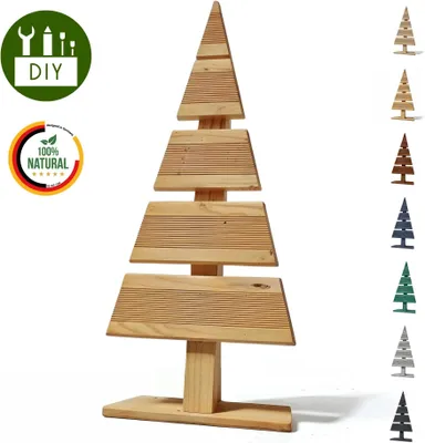 A wooden Christmas tree decoration with various colored versions displayed on the right.