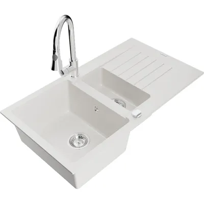 Zdjęcie produktu dla Mexen Matias zlewozmywak granitowy 1,5-komorowy z ociekaczem i baterią kuchenną Elia, biały - 6502-20-670101-00