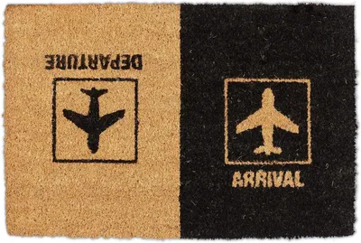 Zdjęcie produktu dla Mata do drzwi kokosowa "Arrival Departure" - mata z motywem samolotu - do użytku wewnątrz i na zewnątrz - 40x60 cm - kolor: naturalny, czarny