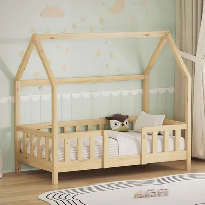 Immagine prodotto di Letto a forma di casetta per bambini - Letto Montessori - Sonno sicuro - Con protezione anticaduta - 70x140 cm - Colore naturale