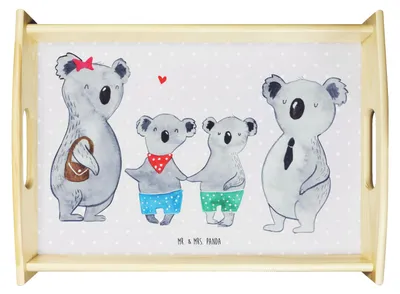 Produktbild von Mr. & Mrs. Panda Serviertablett Koala Familie zwei - Grau Pastell - Geschenk, Servier Tablett, sofatablett, Muttertag, Zusammen, holz, Holztablett, Koalabär