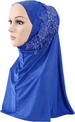Produktbild von Frauen einfarbige Spitze Strass Muslim Hijab Wrap Islamic Scarf Cap Kopfbedeckung, Farbe: Königsblau