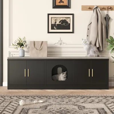 Produktbild von Merax Versteckter Katzenschrank, Katzentoilette Schrank mit Schuhschrank, Katzenhöhle, Katzenkrallen-Pad, für Flur, Belüftung, Schwarz