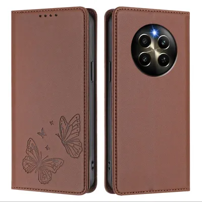 Produktbild von Lederhülle für Realme 12 Pro/Realme 12 Pro+, Schmetterling Prägung Leder Brieftasche Schutzhülle mit Ständer Braun