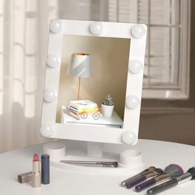 Produktbild von Kosmetikspiegel, Tischspiegel, 180° Drehbar, mit 9 LED-Leuchten, Schminkspiegel, Make-up Spiegel, 2 Lichtfarben Dimmbar, Touch, für Wohnzimmer, Weiß