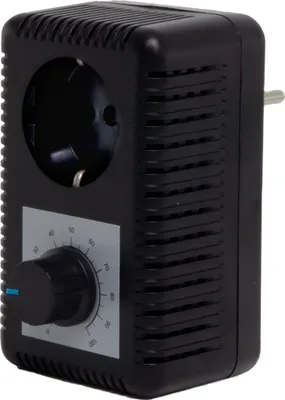 A black electrical dimmer with a dial and a socket, shown against a white background.