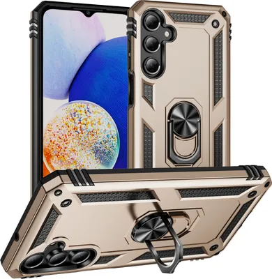 A gold-colored phone case with a ring holder is shown from multiple angles against a white background.