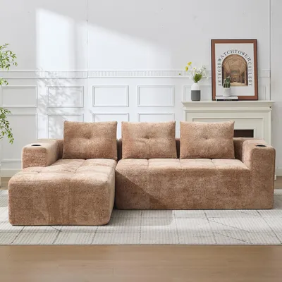 Produktbild von L-Sofa 258 cm breit mit 3 Kissen – Ecksofa in Hellbraun, Chenille-Bezug, 258x163x68 cm, klassisch & minimalistisch, für Wohnzimmer & Apartment