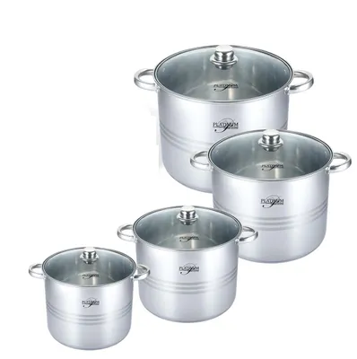 Obrázek produktu pro Sada 8 kusů nerezových hrnců a pánví, vhodná pro indukční vařiče, obsahující hrnce o průměrech 16, 18, 20 a 24 cm. Univerzální sada hrnců a pánví, včetně poklic, vhodná pro profesionální použití v gastronomii