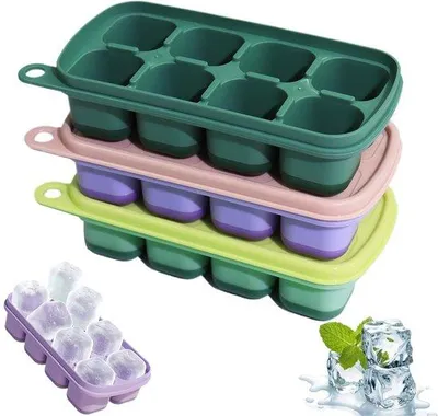 Imagen del producto de Ibenzoa®: Juego de 3 moldes cuadrados grandes de silicona para hacer hielo, con tapa de PP, capacidad para hasta 24 cubitos de hielo. Apto para alimentos, libre de BPA, flexible y apilable