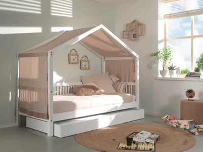 Produktbild von VIPACK - Hausbett mit Textilhimmel, LF 90 x 200 cm inkl. Lattenrost, m. Bettschublade, Ausf. Buche massiv weiß lackiert
