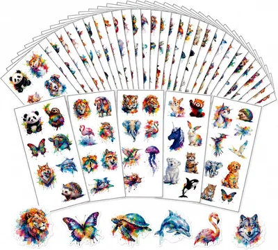 Image de Tatouages temporaires effet aquarelle, animaux, 30 feuilles, 180 motifs, pour la peau