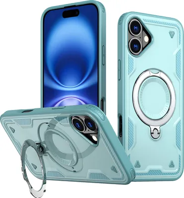 Produktbild von Dual Layer Hülle für iPhone 16 Metall Ring Ständer Magnetisch Stoßfest Militär Handyhülle Türkis