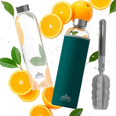 Produktbild von Glasflasche Trinkflasche Wasserflasche - 1 Liter - Borosilikatglas - Mit Neopren-Hülle - Auslaufsicher