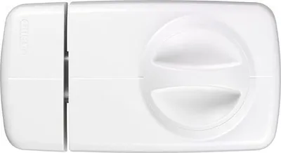 A white door lock with a rotary knob.