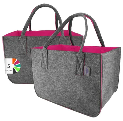 Imagen del producto de LEVIATAN: Bolsa de fieltro tipo shopper, 2 unidades, gran capacidad (30 litros). Bolsa de compra XXL, plegable. Cesta de compra, bolsa para leña, cesta para ropa, bolsa para juguetes. Color: gris oscuro/frambuesa