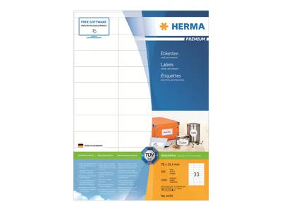 Image de HERMA SuperPrint - Selbstklebende Etiketten - weiß - 25,4 x 70 mm - 3300 Stck. (4455)