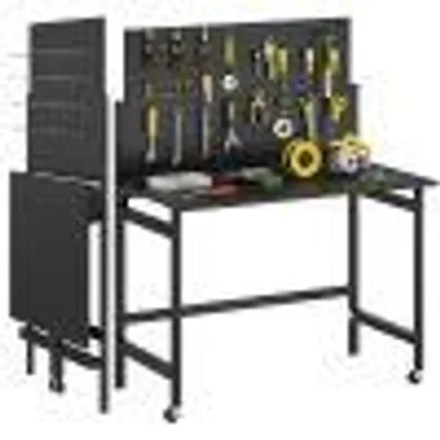 Produktbild von Klappbare Werkbank mit Lochwand & Rollen, bis 120 kg, 30 Haken, Stahlrahmen & MDF-Arbeitsplatte, 115 × 62 × 143,5 cm