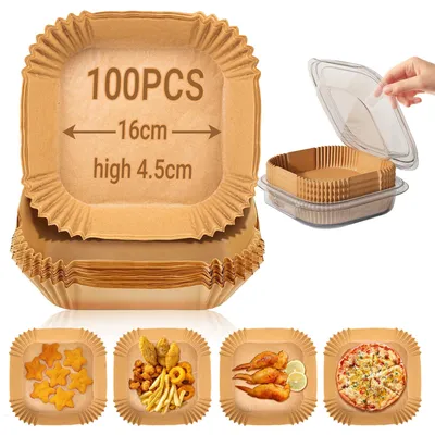 Productafbeelding van 100 stuks bakpapier voor heteluchtfriteuse, 16-20 cm, vierkant, bruin