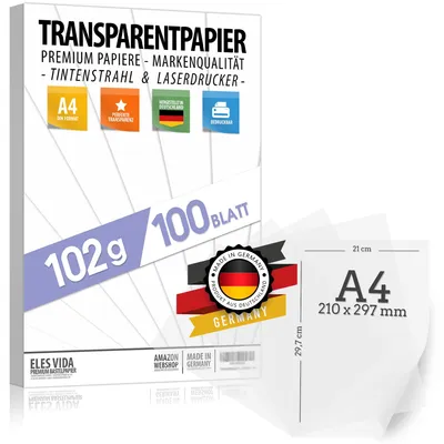 Image de 100 feuilles de papier transparent, 102 g/m², format DIN A4, imprimable, papier de présentation