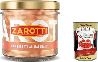 Produktbild von 3x Zarotti Gamberetti al naturale, Garnelen in Wasser und Salz erhalten 110g + Italian Gourmet polpa 400g