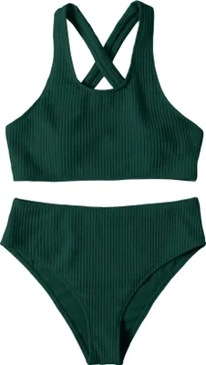 Immagine prodotto di Costume da bagno da donna a due pezzi con spalline, a vita alta, verde, taglia S