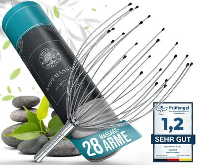 Produktbild von EDELFELD Kopfmassage Spinne mit 28 Fingern - Angenehmes Kopfmassagegerät mit Auslegern auf 2 Ebenen - Eleganter Kopfkrauler mit Wohlfühl-Noppen