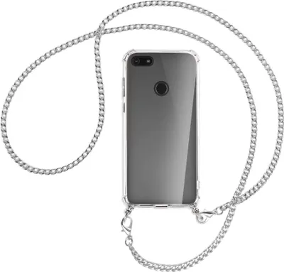Produktbild von Handykette Backcover-Schutzhülle mit Band (Metall silberfarben) für Motorola Moto E6 Play - silberfarbene Kette