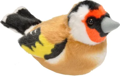 A plush toy bird, specifically a goldfinch, is shown against a white background.