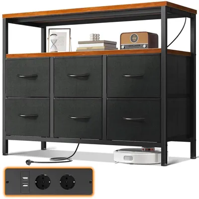 Obrázek produktu pro Komoda se 6 zásuvkami potaženými látkou, 2 zásuvkami, 2 USB porty, vintage styl, rozměry 100x30x85,2 cm