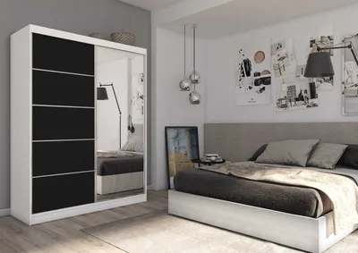 Produktbild von AGMAT Schwebetürenschrank Kira, Kleiderschrank mit 2 Türen und Spiegel, Moderne Garderobe in Farbe: Weiß / Schwarz, Schrank in Größe: 160 x 216 x 61 cm