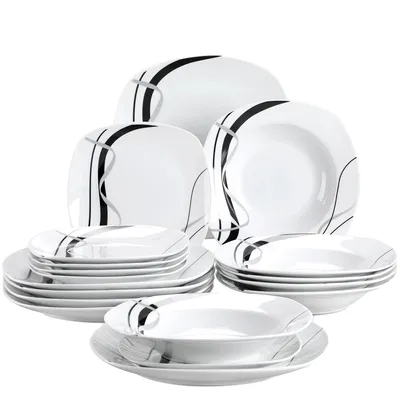 Zdjęcie produktu dla Ceramiczny zestaw naczyń, elegancki wzór w paski, różne rozmiary talerzy, 18 SZTUK