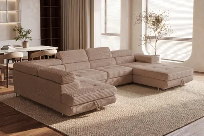 Produktbild von Wohnlandschaft Cordo U-Form XXL 345 cm Schlaffunktion 2 Bettkästen Breitcord Braun Links