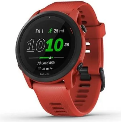 A red Garmin smartwatch is shown against a white background.