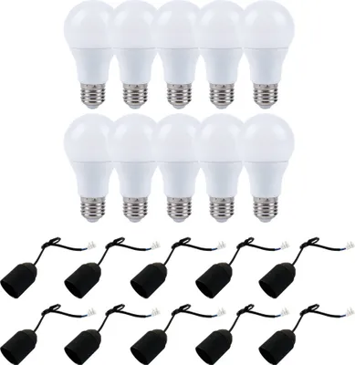 Produktbild von 10 x LED Leuchtmittel 15W = 100W E27 matt 1490lm warmweiß + 10 x Baufassung Renovierfassung Lampenfassung schwarz