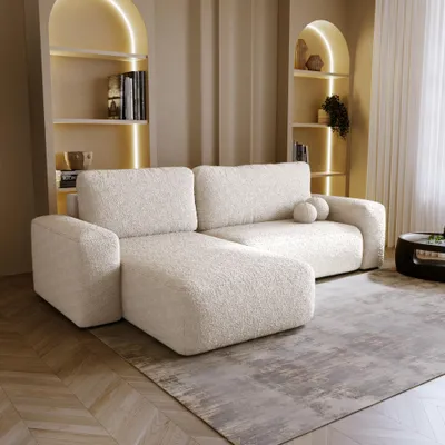 Obrázok produktu pre BESILIO Rozkladacia ľavá rohová pohovka Ornello L - okrúhle vankúše, funkcia spania, boucle chaise longue - béžová