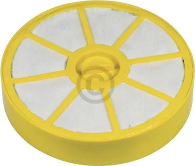 A round yellow filter with white mesh sections.