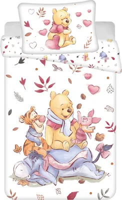 Obrázek produktu pro Disney dětské ložní prádlo s oboustranným motivem Medvídek Pú Tygr Prasátko Iah Pú Leaves Hearts Přikrývka 100 x 135 + polštář 40 x 60 cm, 100% bavlna