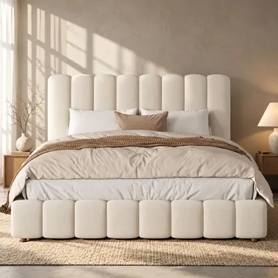 Image de Lit rembourré de 200 x 200 cm avec revêtement en velours et sommier à lattes – Lit double avec motifs verticaux et pieds en bois massif, structure de lit de couleur beige