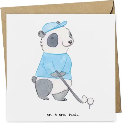 Produktbild von Mr. & Mrs. Panda Klappkarte Panda Golfen - Weiß - Geschenk, Glückwunschkarte, anlasskarte, Golfturnier, faltkarte, Grußkarte, doppelkarte, Golfplatz, Golf Verein, spielen