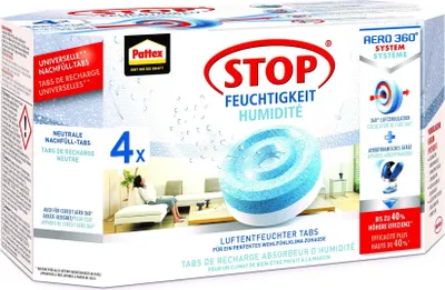 A box of Pattex Stop Feuchtigkeit (humidity) refill tabs for Aero 360 system.