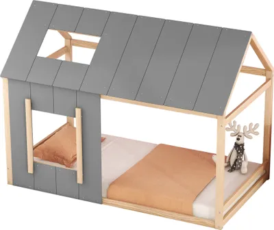 Obrázek produktu pro okwish 90 x 200 Dětská postel, dětská postel ve tvaru domu, jedno-pokojová plochá postel s střechou a okny v přírodní barvě