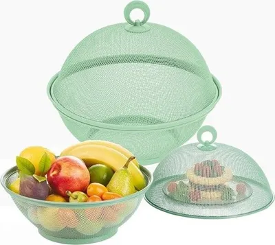 Image de Corbeille à fruits avec couvercle pour fruits et snacks - Corbeille grillagée en métal - Coupe à fruits couverte - 2 corbeilles à fruits et couvercle - Vert clair
