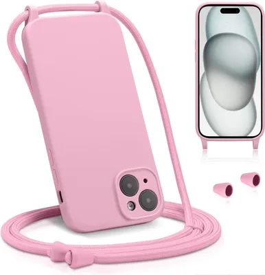 Obrázek produktu pro Pouzdro na mobilní telefon pro iPhone 15 pouzdro s popruhem Pouzdro na mobilní telefon řetízek ochrana fotoaparátu, růžové