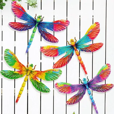 Imagen del producto de Decoración de pared con forma de libélula de metal, juego de 4 unidades, 22,5 cm, ideal para jardín y balcón