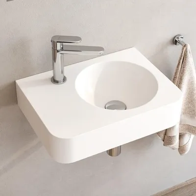 Imagen del producto de Kronenbach: Lavabo de piedra para lavamanos, 45 x 33 cm, con desagüe a la derecha y orificio para el grifo