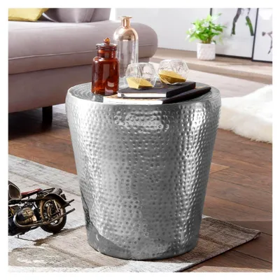 Produktbild von Beistelltisch rund 41 cm aus Metall in Silber - Orientalischer Design Wohnzimmertisch aus Aluminium - Hammerschlag Alu Kleiner Couchtisch - Dekotisch