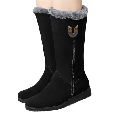 Produktbild von 1 Paar Schneestiefel Seitlicher Reißverschluss Mittlere Röhre Verdicktes Fleece Rutschfest Warmhalten Flache Sohle Winter Warm Plüsch Lange Stiefel Outdoor Verwendung-Schwarz