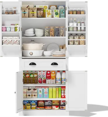 Produktbild von Aufbewahrungsschrank, 4 Türen und 1 Schublade, 2 Türen mit Ablageflächen, 6 Staufächer und 4 verstellbare Ablageflächen, geeignet für Küche, Esszimmer,